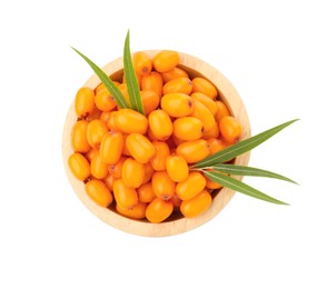 Photo of Fresh sea buckthorn berries with green leaves in bowl isolated on white, top view
