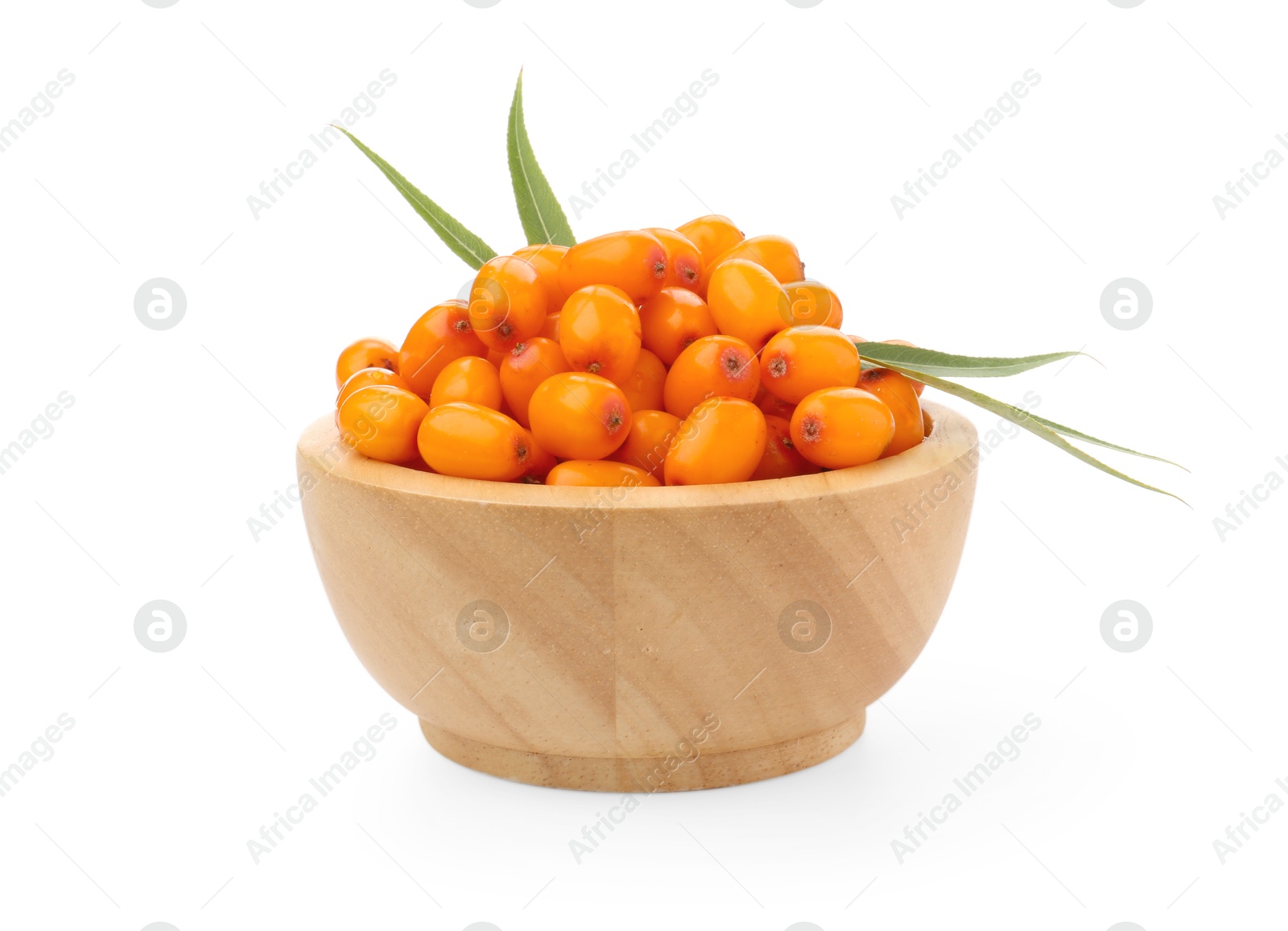 Photo of Fresh sea buckthorn berries with green leaves in bowl isolated on white