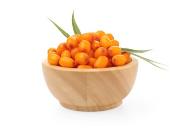 Photo of Fresh sea buckthorn berries with green leaves in bowl isolated on white
