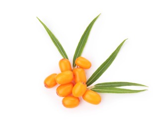Photo of Fresh sea buckthorn berries and green leaves isolated on white, top view