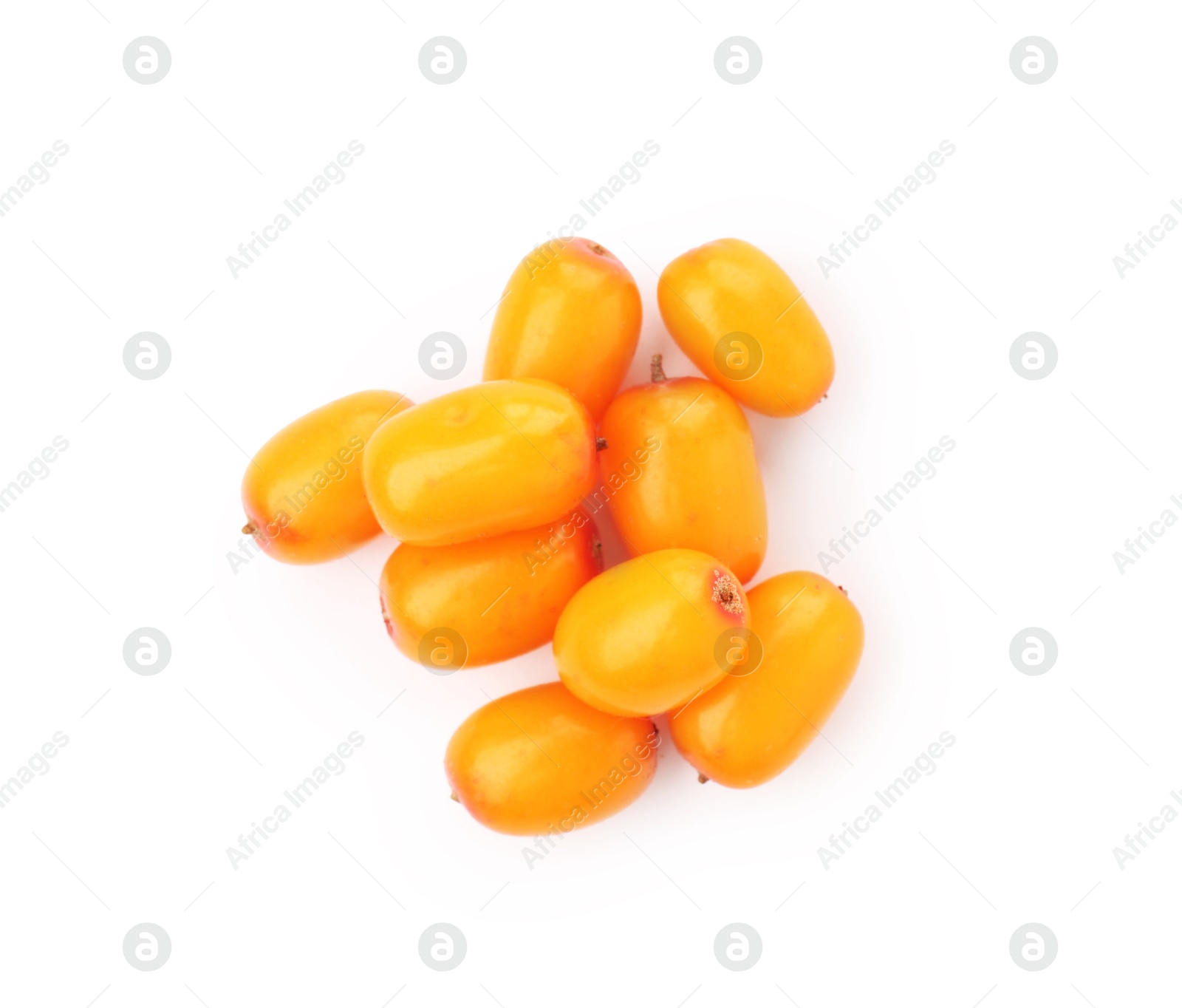 Photo of Fresh ripe sea buckthorn berries isolated on white, top view