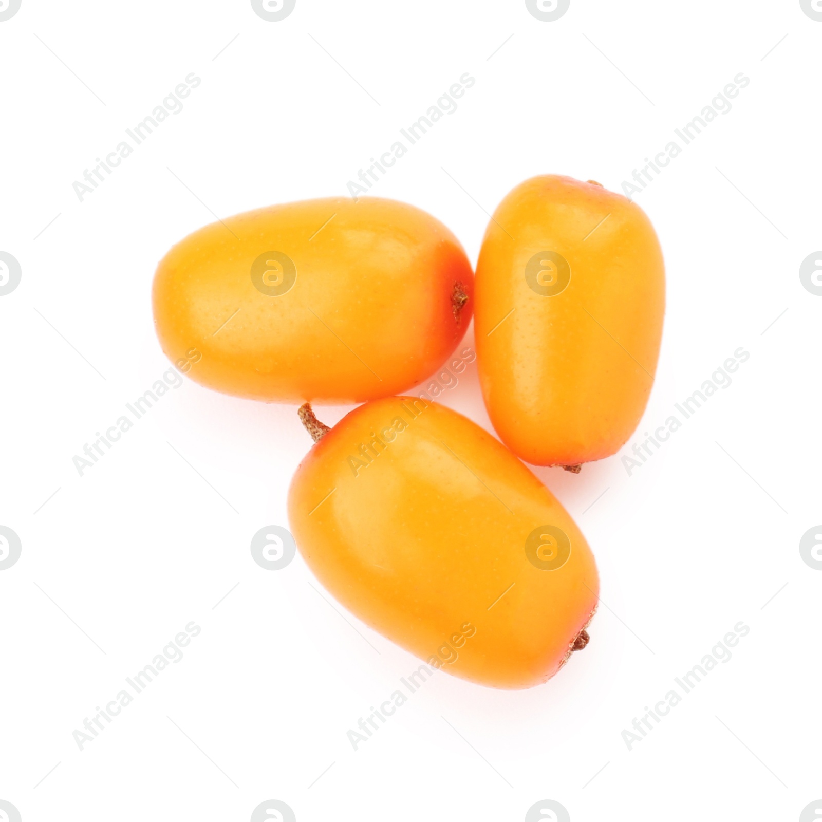 Photo of Fresh ripe sea buckthorn berries isolated on white, top view