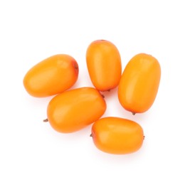 Photo of Fresh ripe sea buckthorn berries isolated on white, top view