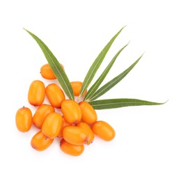 Photo of Fresh sea buckthorn berries and green leaves isolated on white, top view