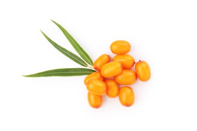 Photo of Fresh sea buckthorn berries and green leaves isolated on white, top view