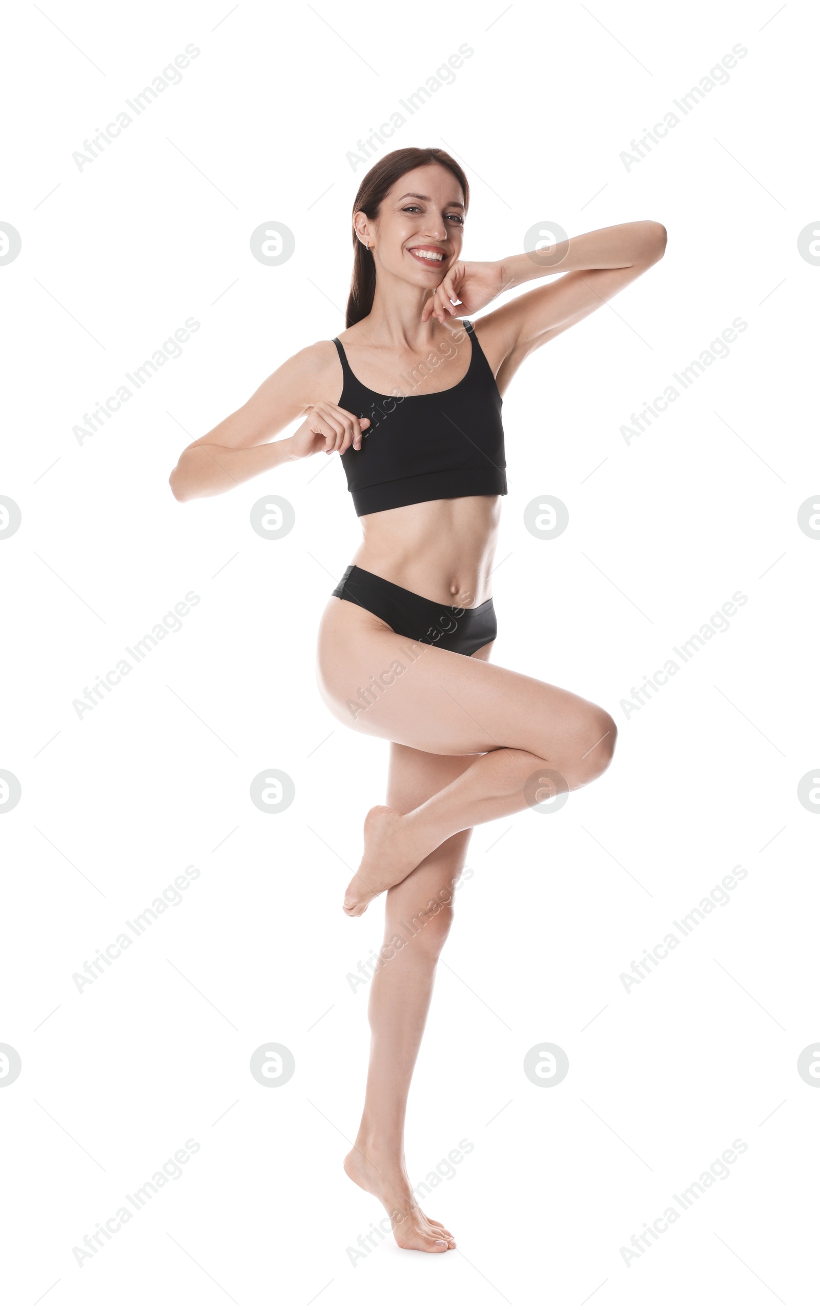 Photo of Woman with slim body on white background