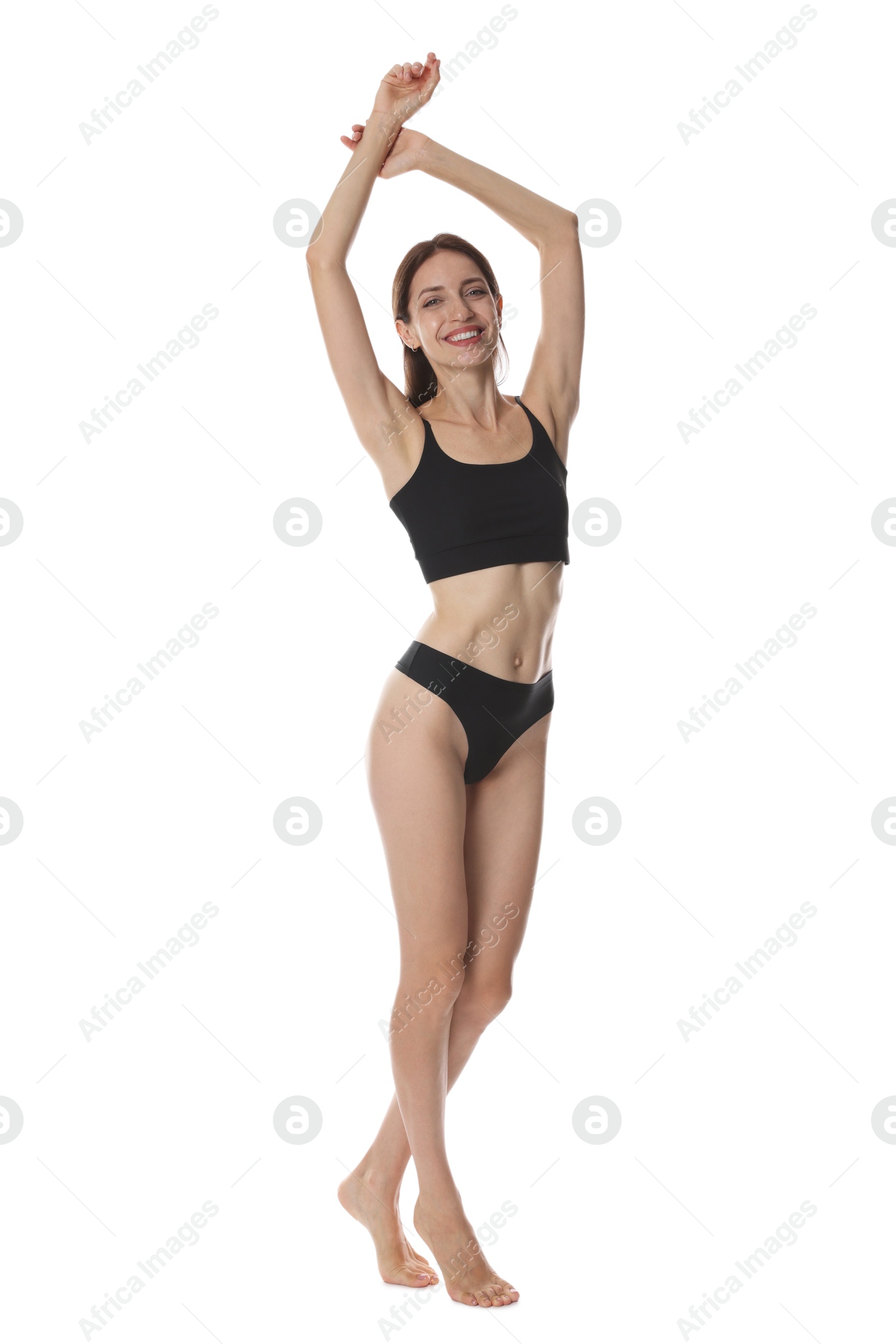Photo of Woman with slim body on white background