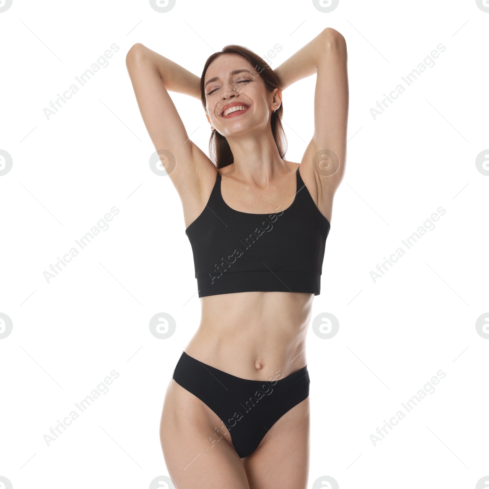 Photo of Woman with slim body on white background