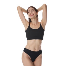 Photo of Woman with slim body on white background