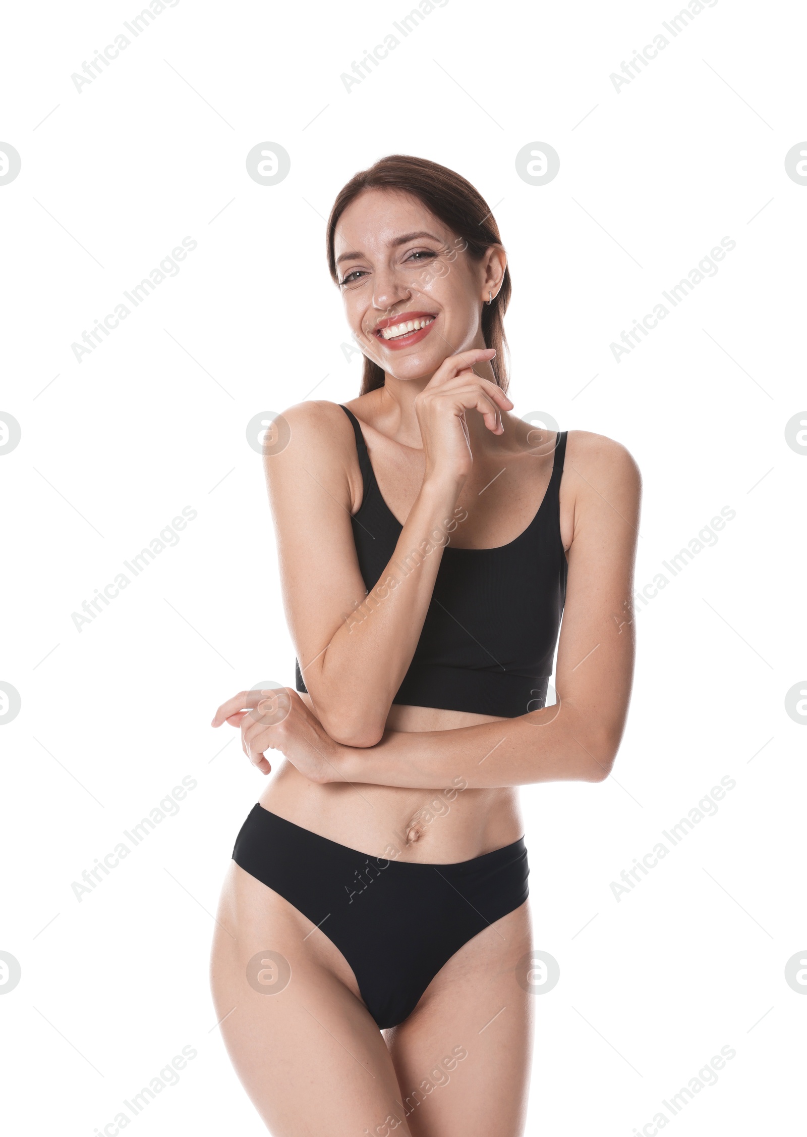 Photo of Woman with slim body on white background