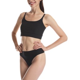 Photo of Woman with slim body on white background, closeup