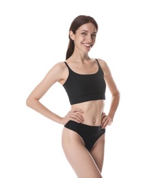Photo of Woman with slim body on white background