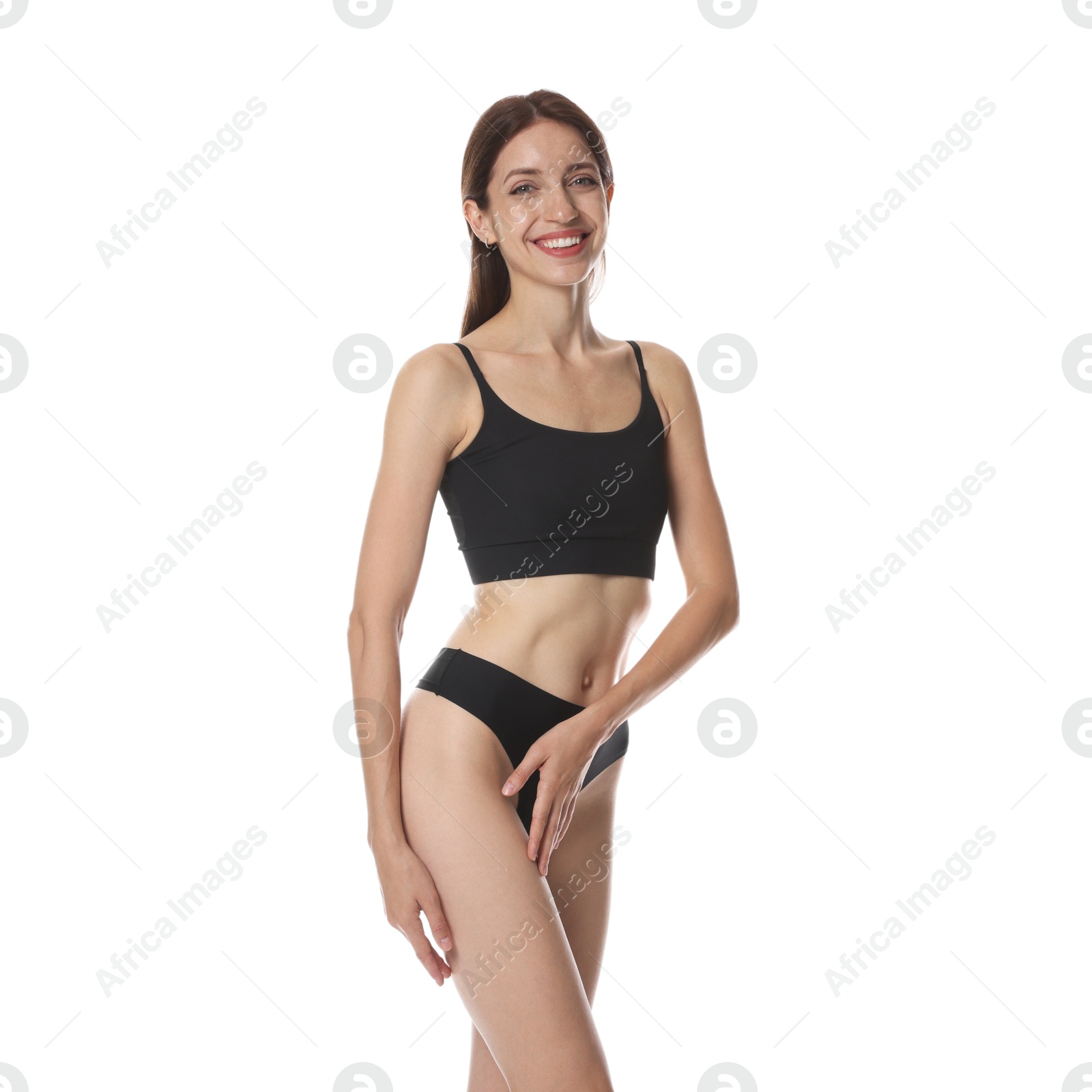 Photo of Woman with slim body on white background