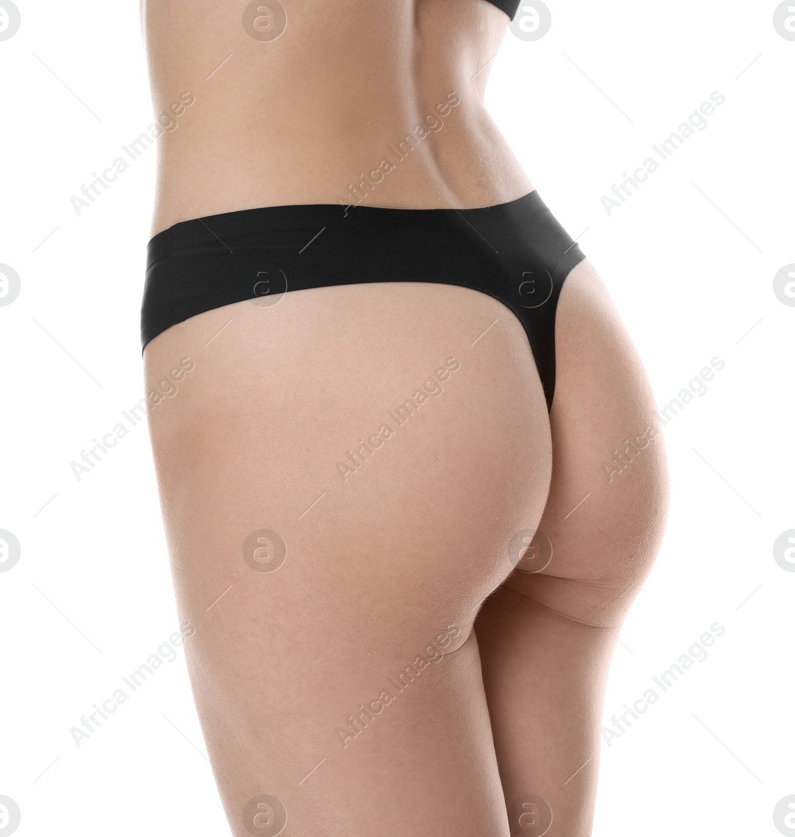 Photo of Woman with slim body on white background, closeup