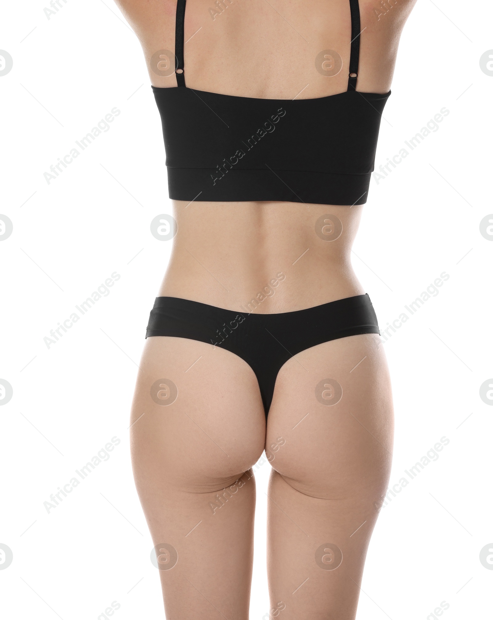 Photo of Woman with slim body on white background, closeup