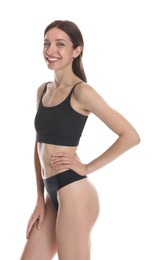 Photo of Woman with slim body on white background