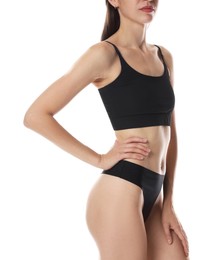 Photo of Woman with slim body on white background, closeup