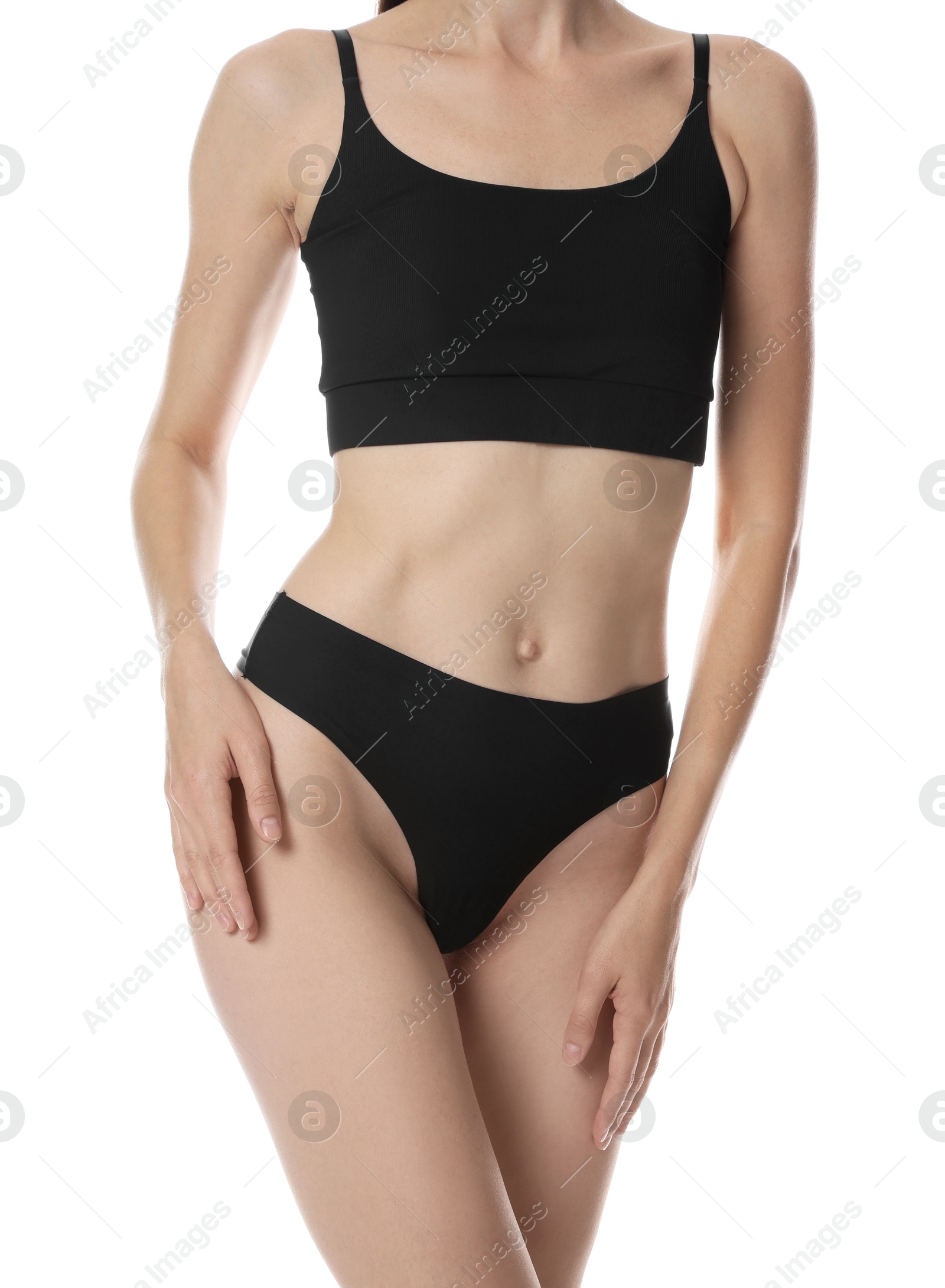 Photo of Woman with slim body on white background, closeup