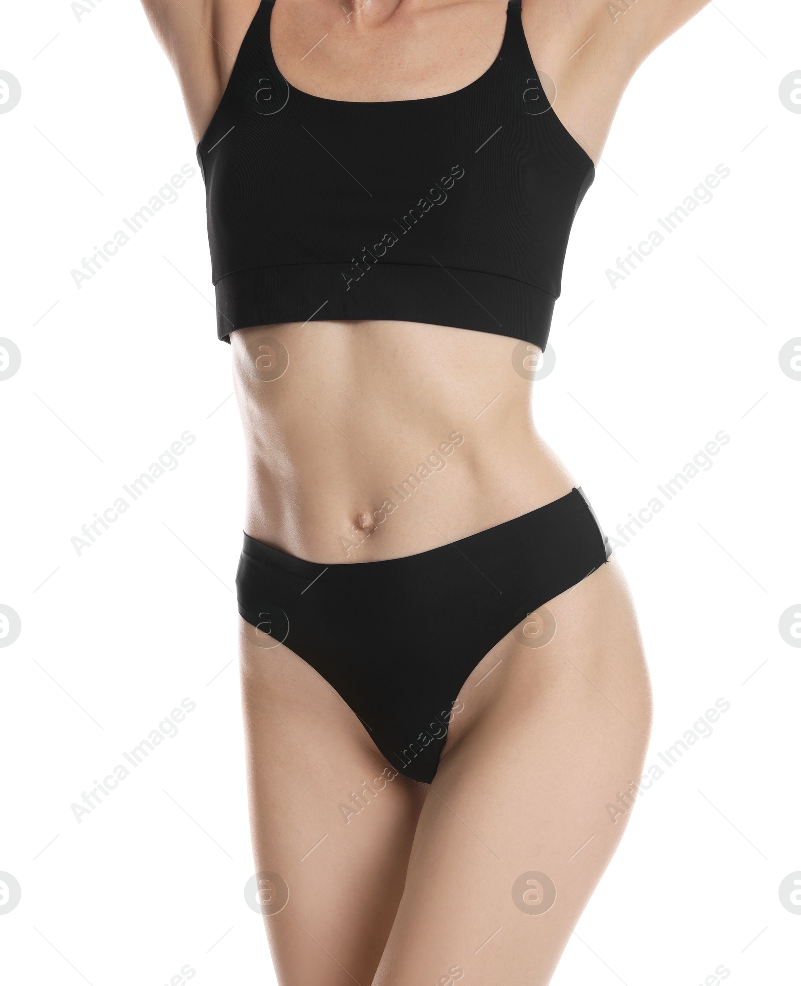 Photo of Woman with slim body on white background, closeup