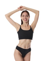 Photo of Woman with slim body on white background
