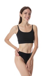 Photo of Woman with slim body on white background