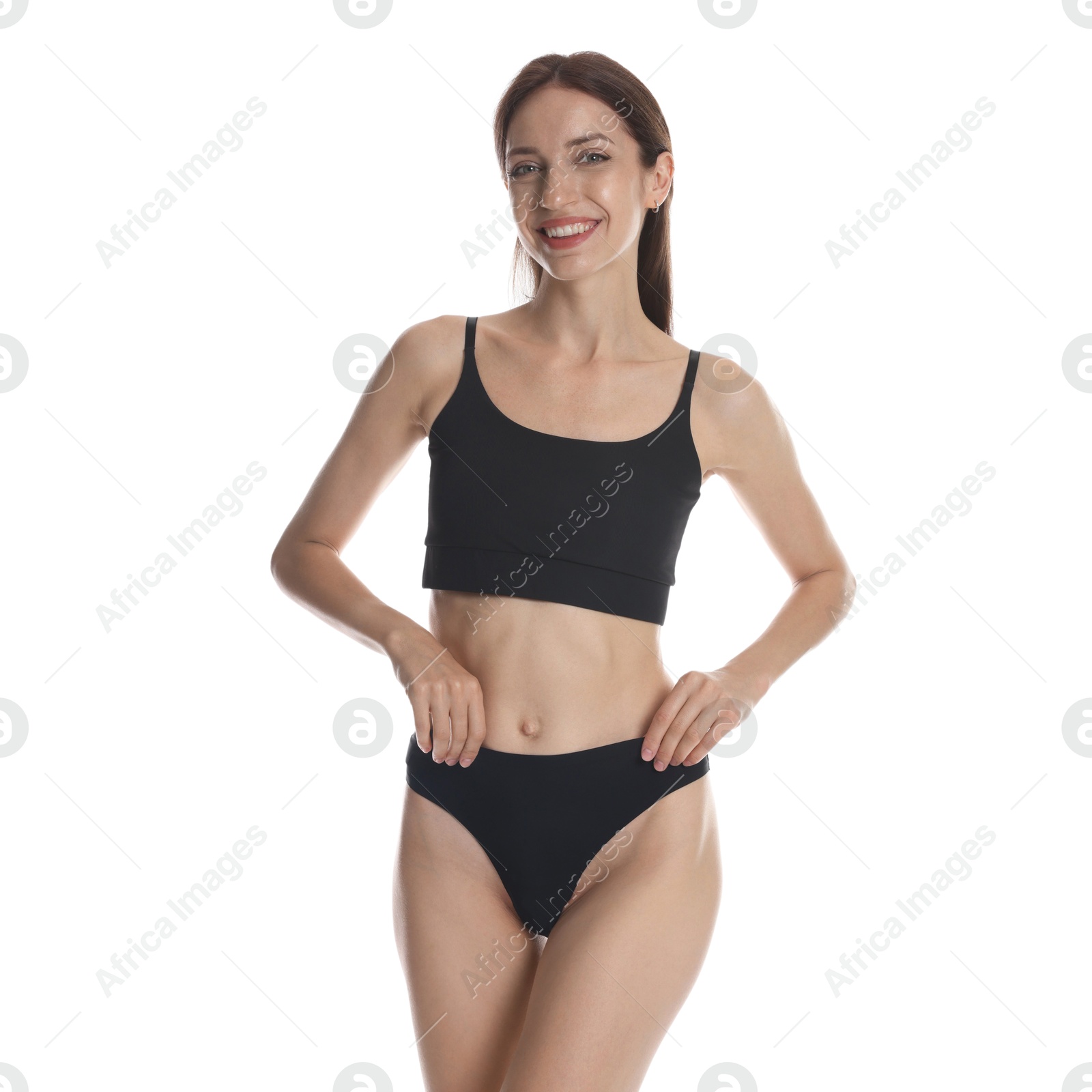 Photo of Woman with slim body on white background