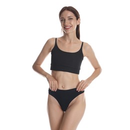 Photo of Woman with slim body on white background