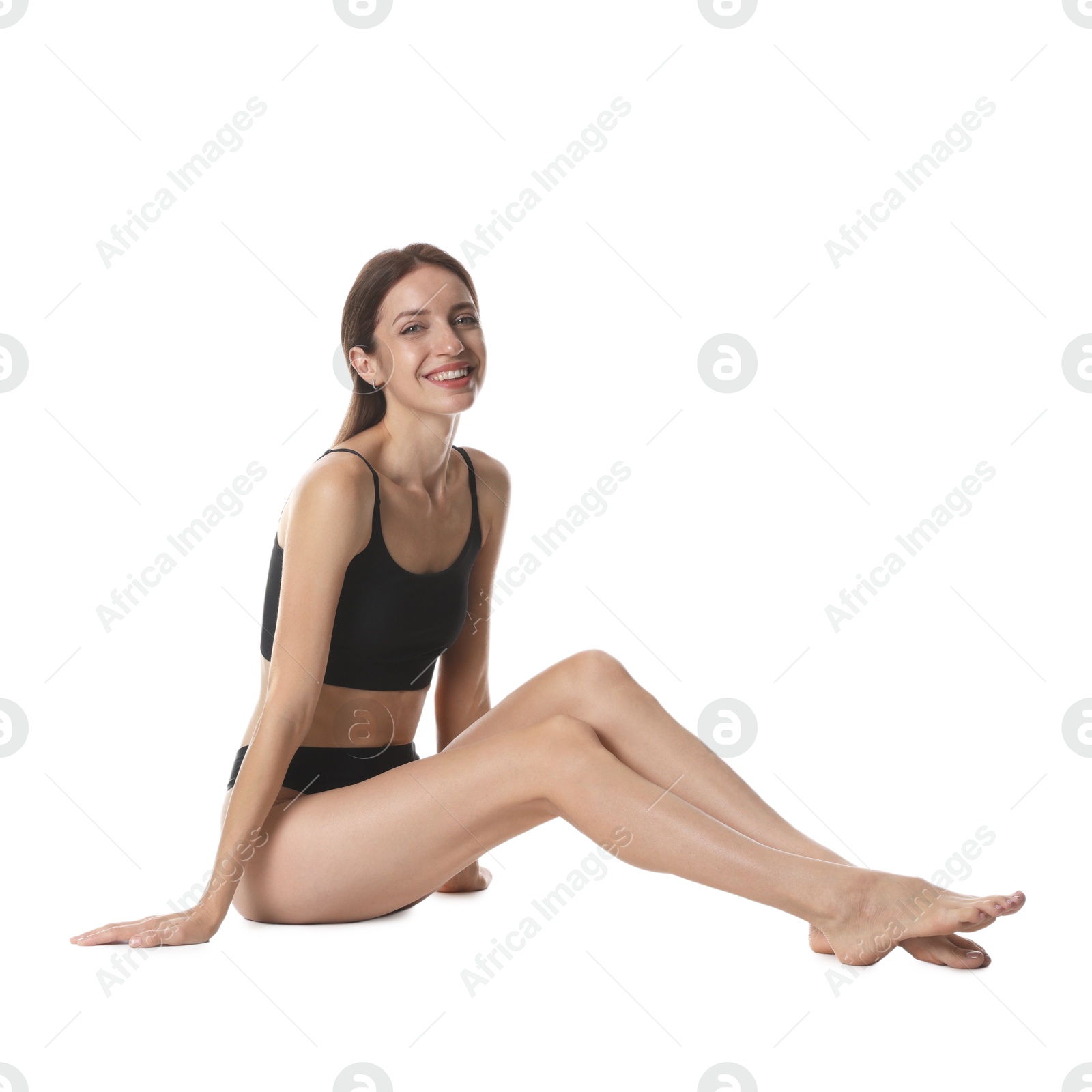 Photo of Woman with slim body on white background