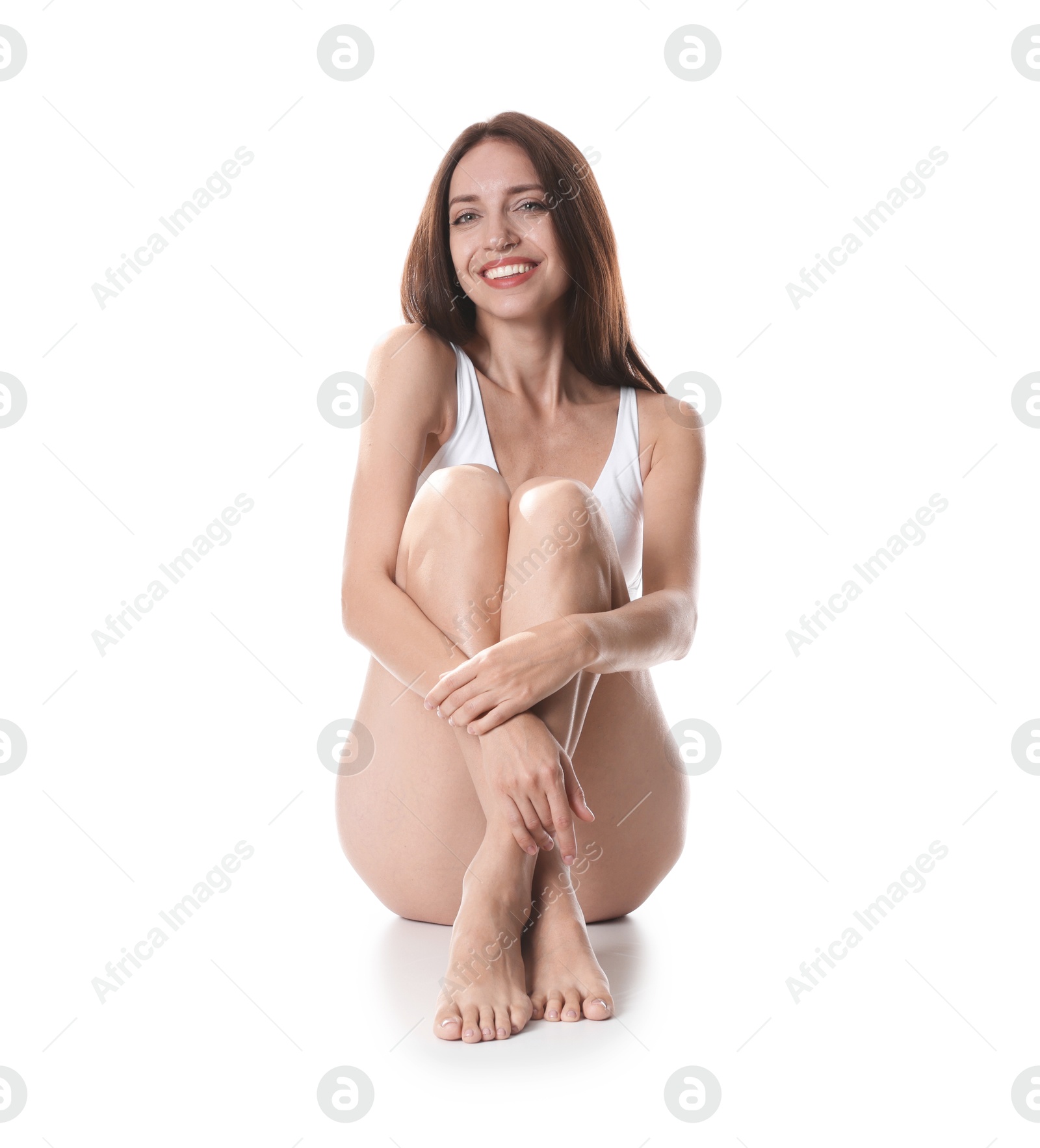 Photo of Woman with slim body on white background