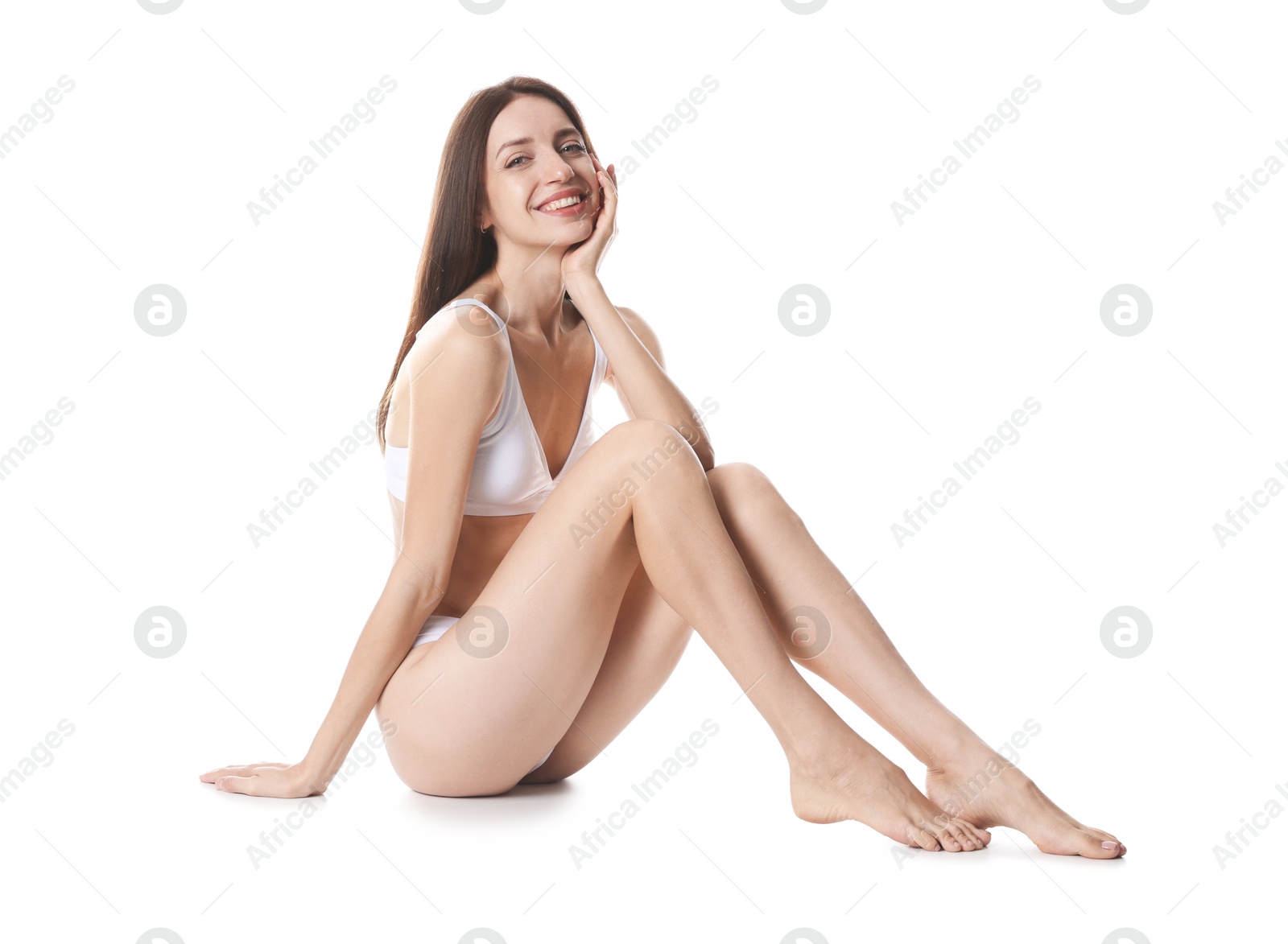 Photo of Woman with slim body on white background