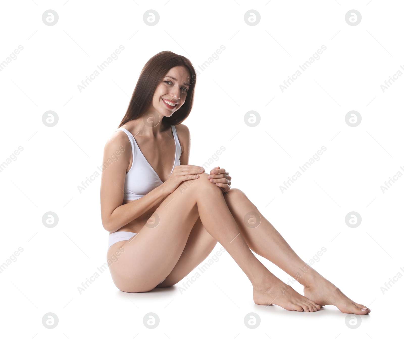 Photo of Woman with slim body on white background