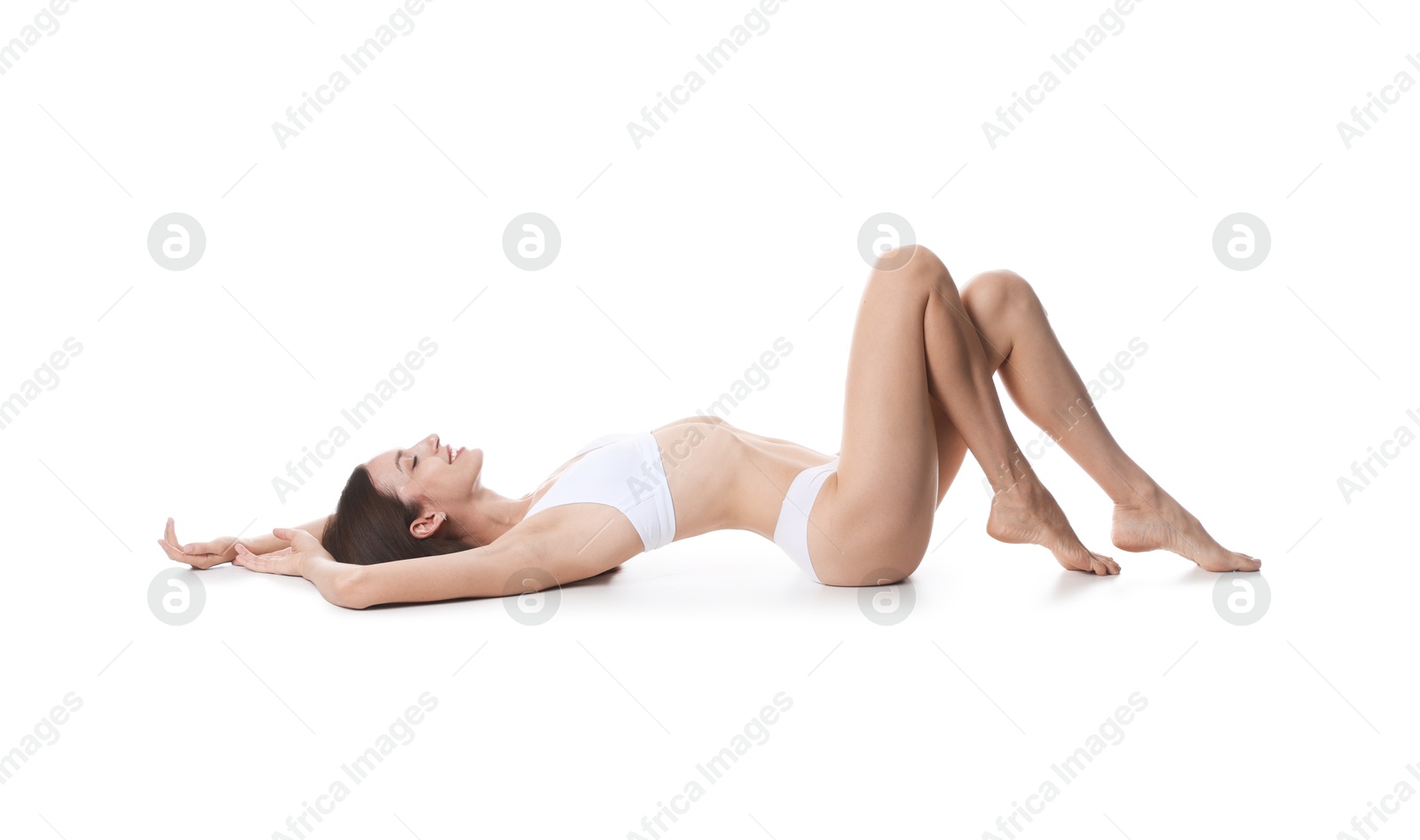Photo of Woman with slim body on white background