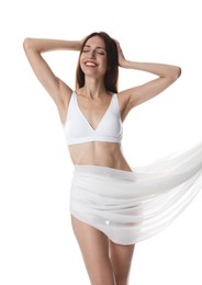 Photo of Woman covering her slim body with silk fabric on white background