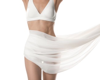 Photo of Woman covering her slim body with silk fabric on white background, closeup