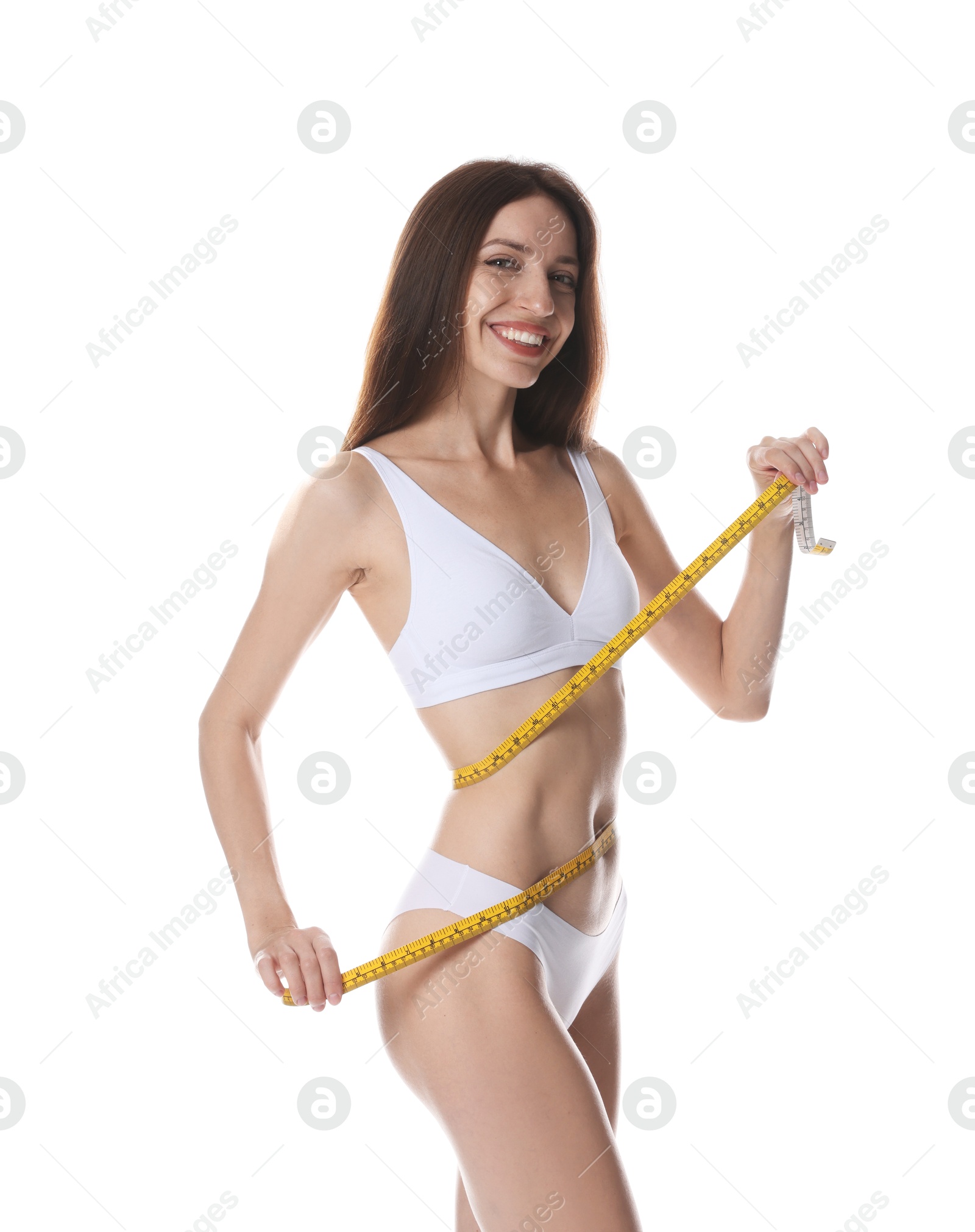 Photo of Woman with slim body and measuring tape on white background