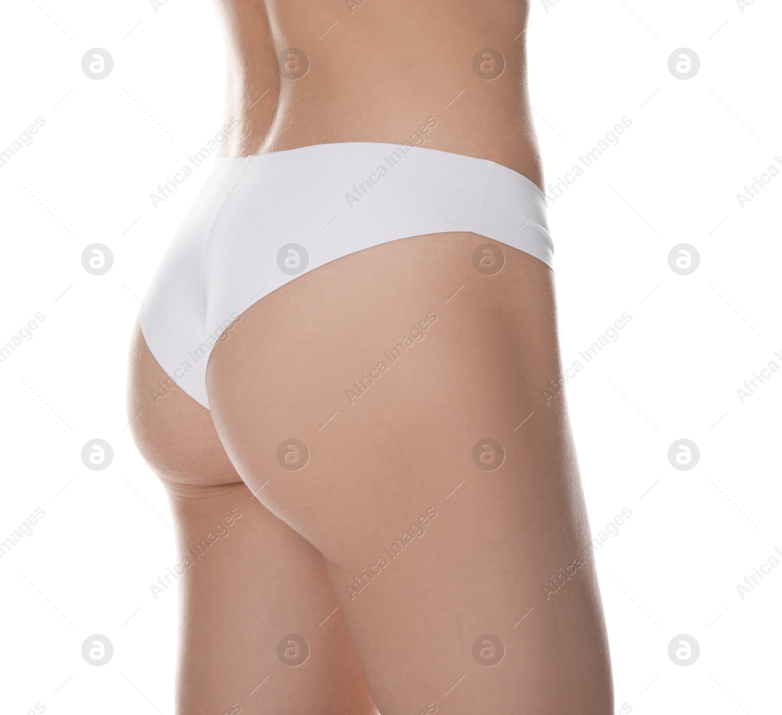 Photo of Woman with slim body on white background, closeup