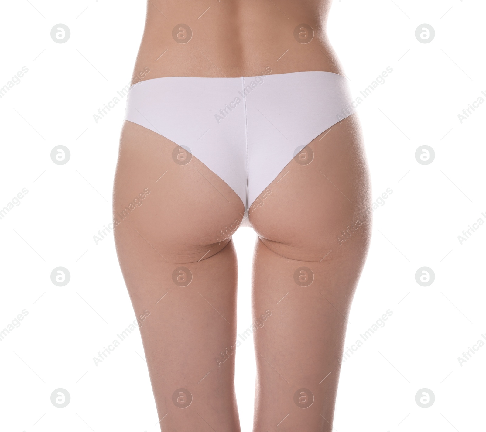 Photo of Woman with slim body on white background, closeup
