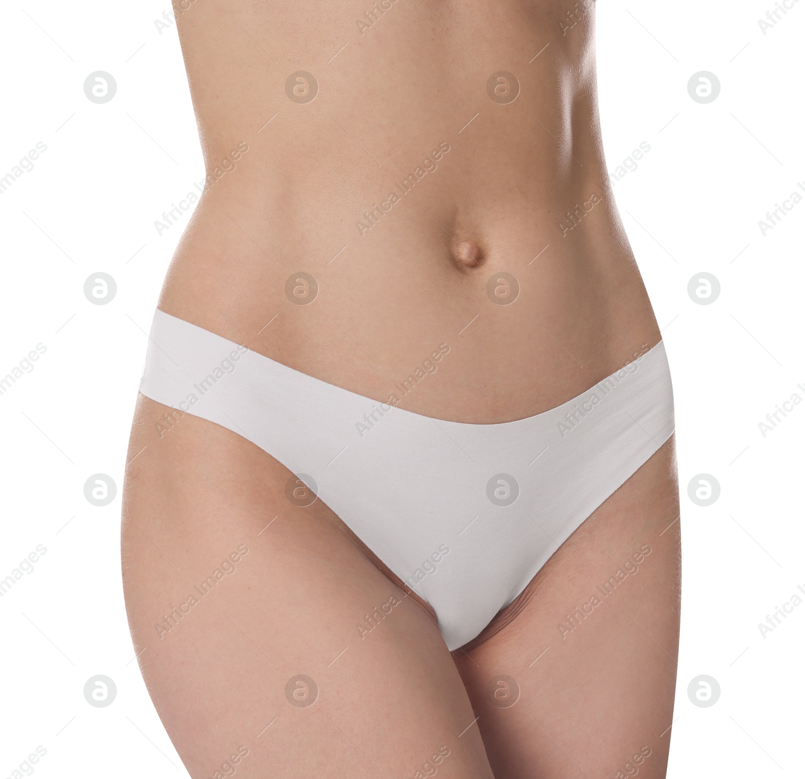 Photo of Woman with slim body on white background, closeup