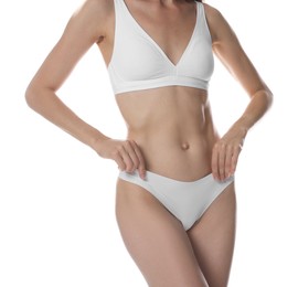 Photo of Woman with slim body on white background, closeup