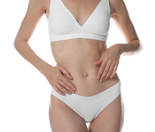 Photo of Woman with slim body on white background, closeup