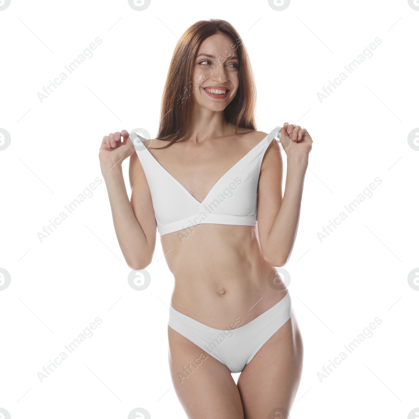 Photo of Woman with slim body on white background