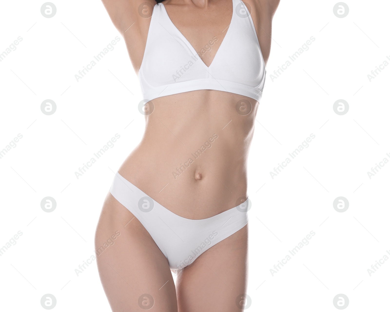 Photo of Woman with slim body on white background, closeup
