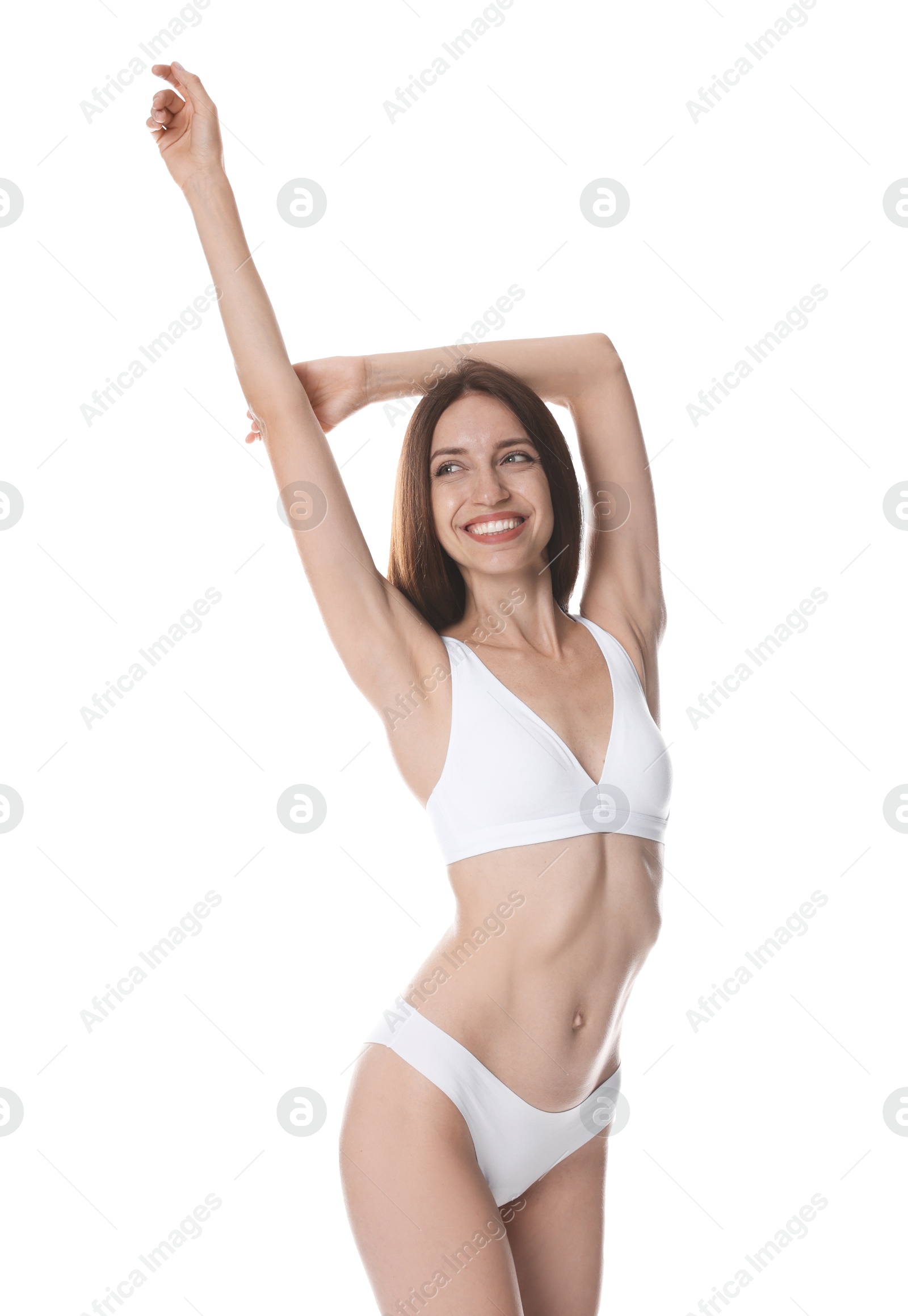 Photo of Woman with slim body on white background