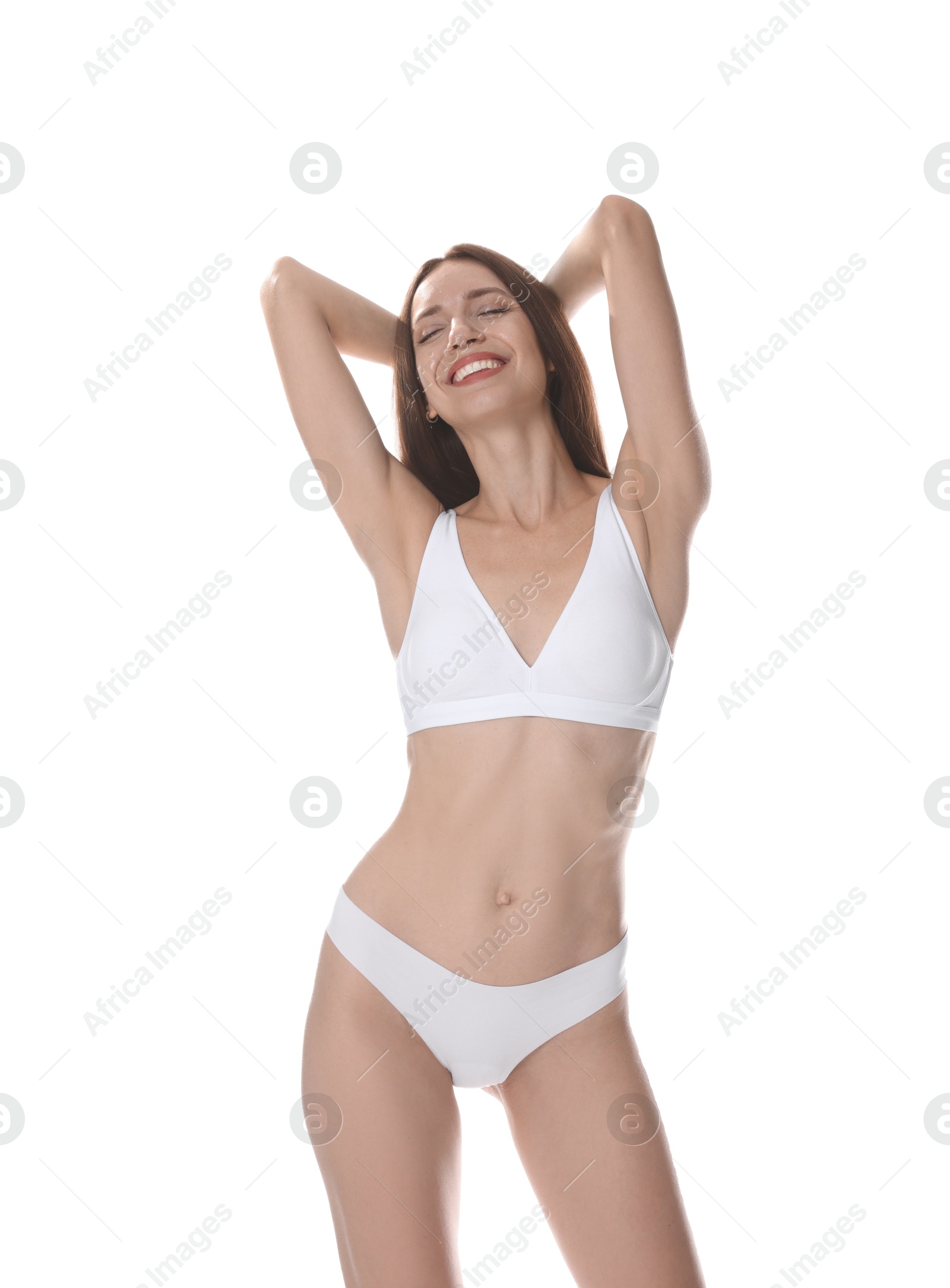 Photo of Woman with slim body on white background