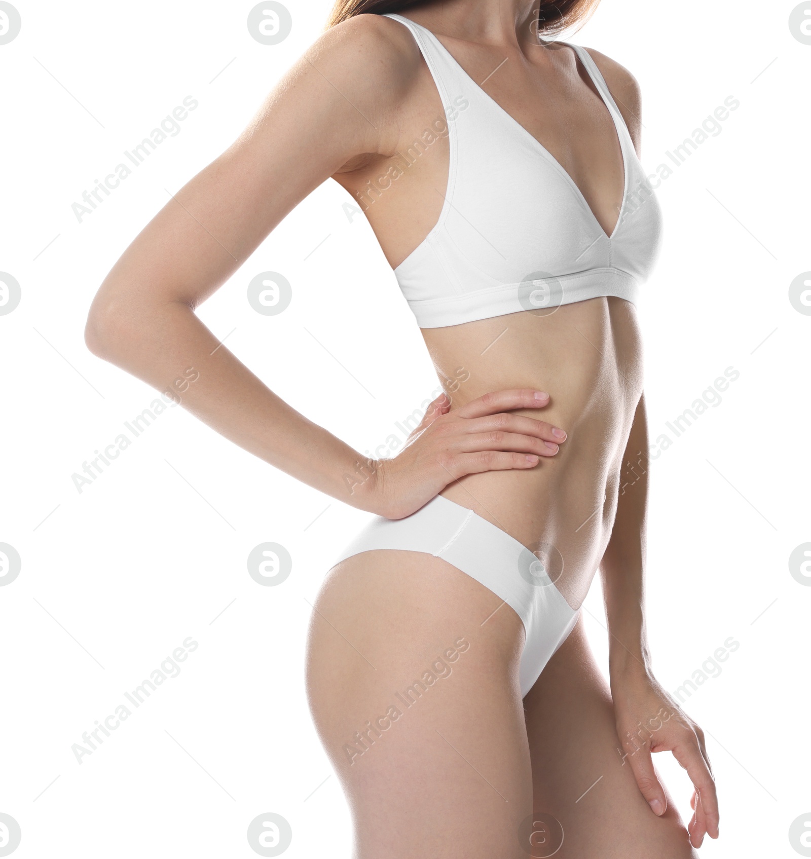 Photo of Woman with slim body on white background, closeup