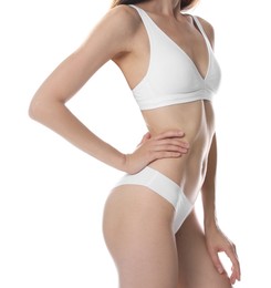 Photo of Woman with slim body on white background, closeup