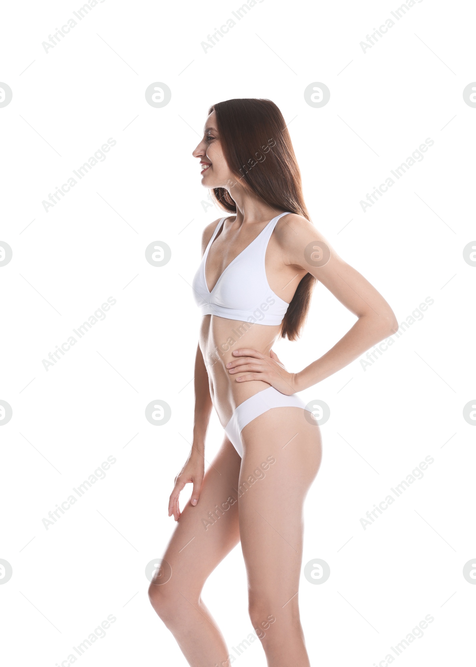 Photo of Woman with slim body on white background