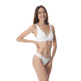 Photo of Woman with slim body on white background