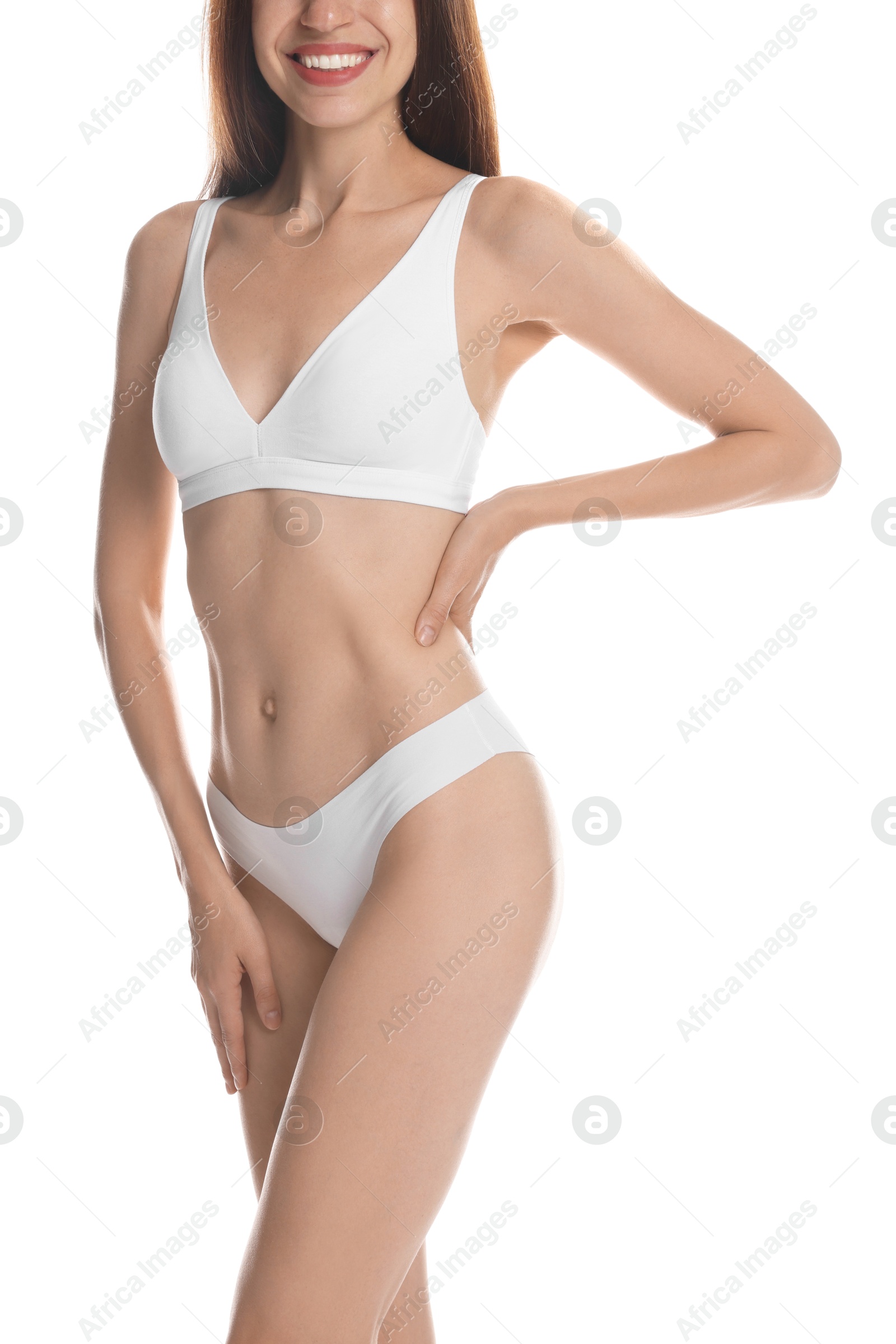 Photo of Woman with slim body on white background, closeup
