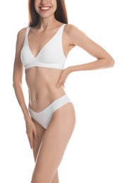 Photo of Woman with slim body on white background, closeup